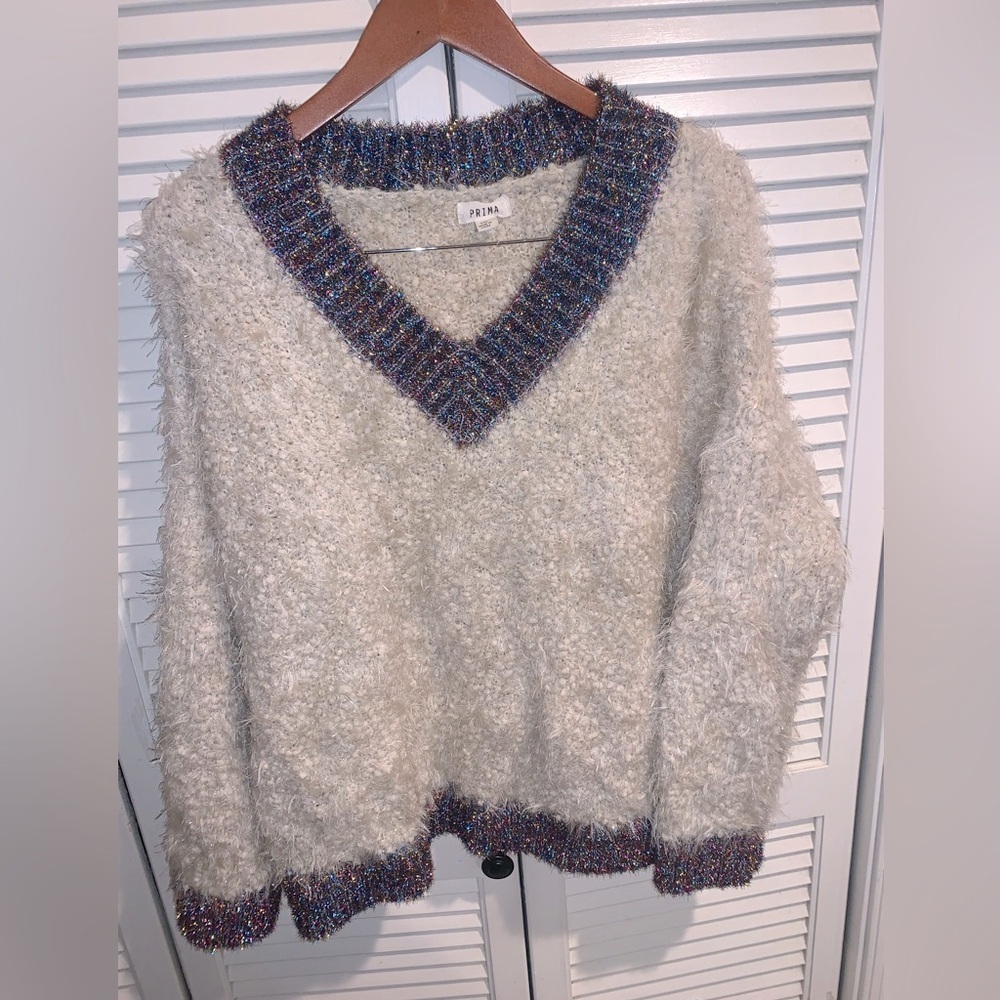 Prima Ivory v neck glittery shimmery festive Sweater XXL
